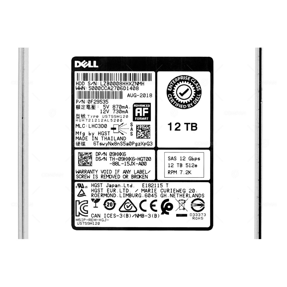 9HXK6 G14 DELL HDD 12TB 7.2K SAS 12G 3.5" LFF FOR DELL POWEREDGE R730XD